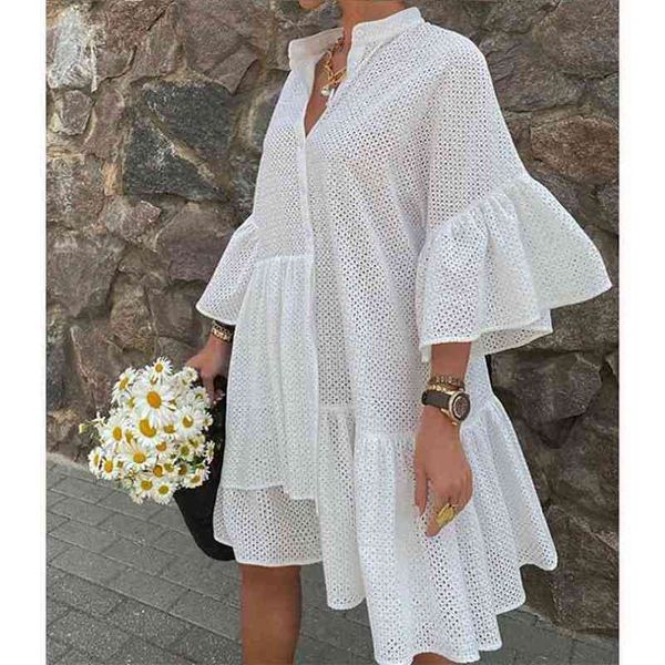 

summer women mini ruffle dress asymmetrical hollow out white tunic beach 210513, Black;gray
