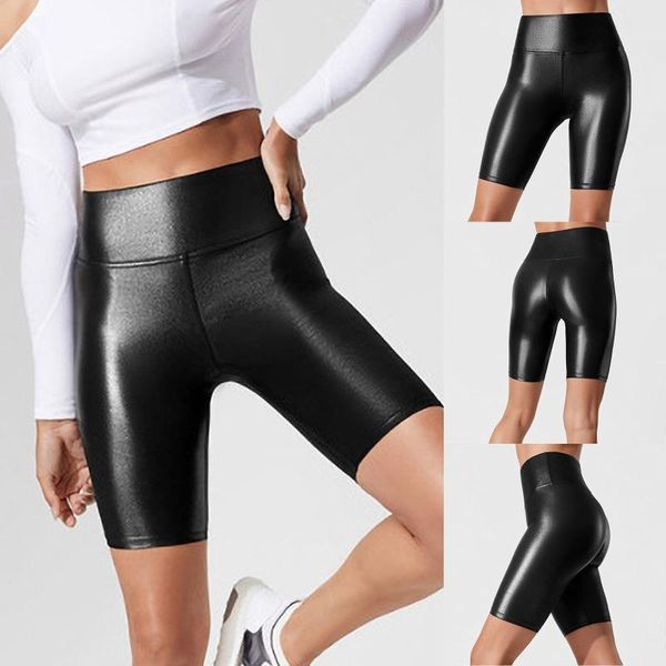 

yoga outfit high waisted short imitation leather trousers leggings women quarter elastic bottoming sport #p2