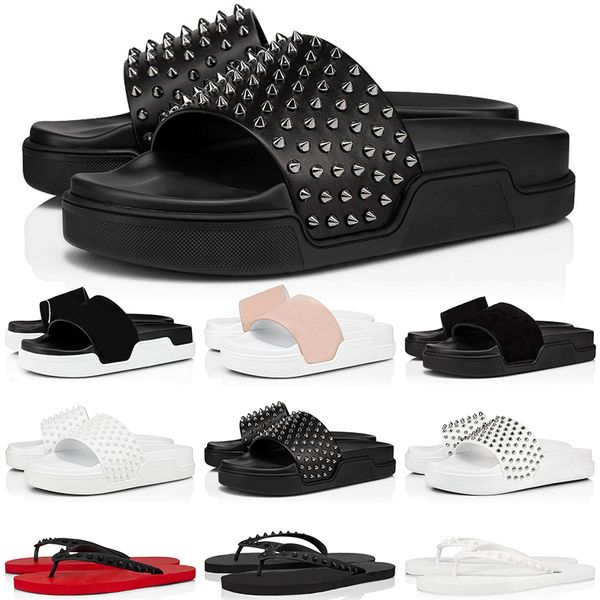 

designer slides men sandals outdoor shoes triple black white green spikes mens flat flip flops fashion platform slippers size 38-46