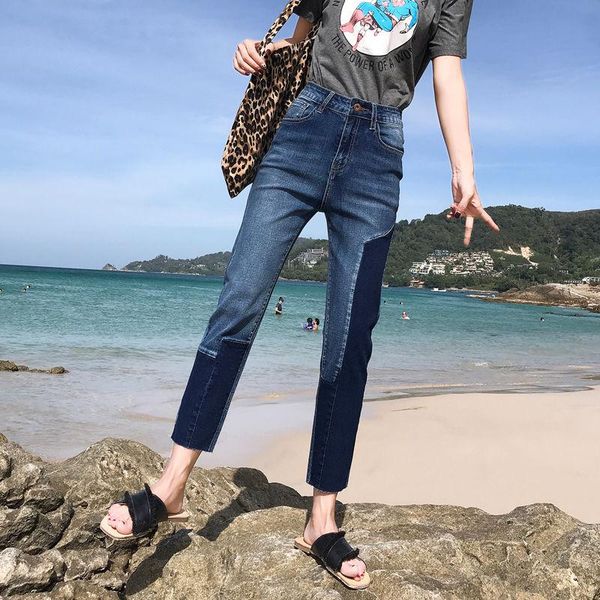 

women's jeans 2021 women spring casual denim pant female button patchwork high waist plus size lady vintage loose harem trouser f954, Blue
