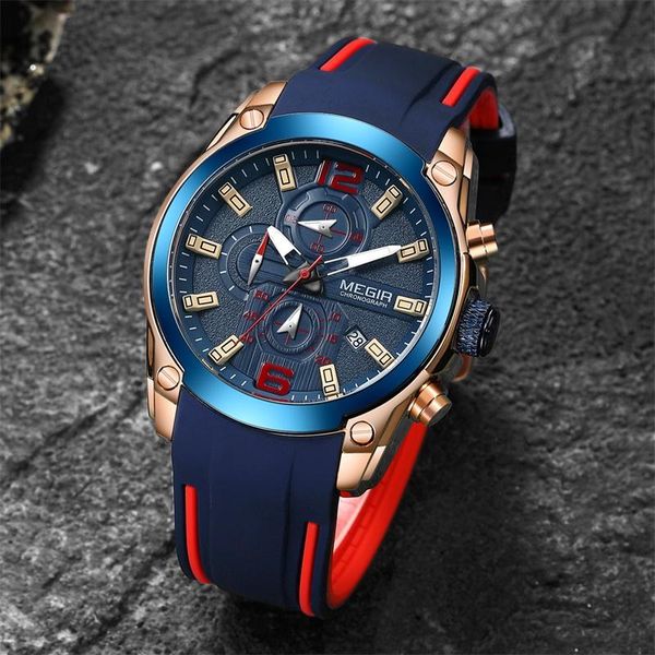 

wristwatches megir army sports chronograph quartz wrist watches men blue silicone military swatch clock man relogios masculino, Slivery;brown