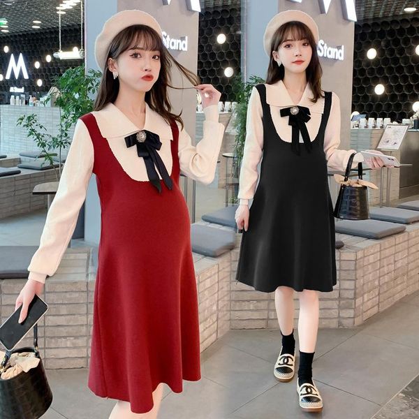 

maternity dresses pregnant women knitted doll collar contrast color sweet and age-reducing fake two-piece dress vestido maxi, White