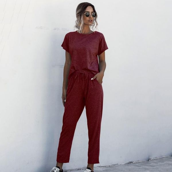 

sale 2pcs women summer tracksuits set lounge wear short sleeve long pants sweat suits house sports casual outfit two piece dress, White