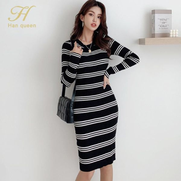 

han queen autumn women stripe pullovers sweaters knitted dresses pencil sheath dress soft warm bottoming knit vestidos casual, Black;gray