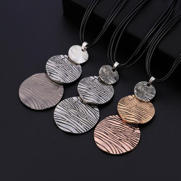 

necklaces pendants long for women female gold sivery round vintage pendant accessories statement necklace multi leather chain jewelry, Silver