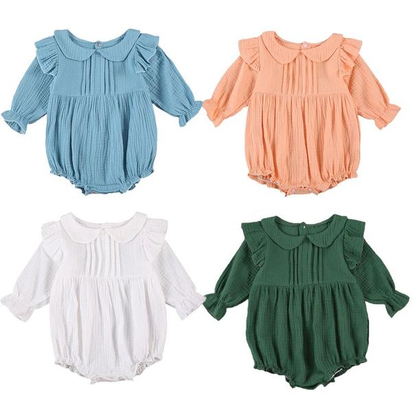 

jumpsuits baby girls boys long sleeve lapel collar buttons solid ruffles, Blue