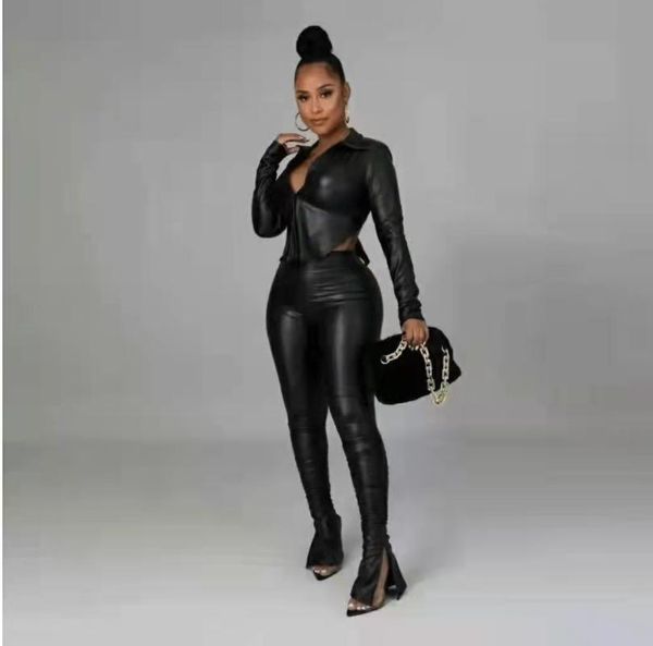 

women's two piece pants rmsfe 2022 ladies autumn and winter fashion pu leather long sleeve lapel backless + trousers slim fit set, White
