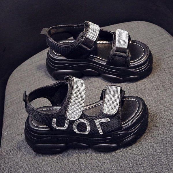 

dress shoes 2021 rhinestone muffin thick-soled sandals female summer korean students fashion beach roman soles women flat, Black