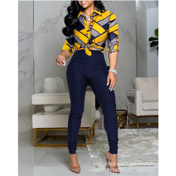 

women's two piece pants wepbel elegant print patchwork tracksuit ladies autumn single breasted shirt + elastic set, White