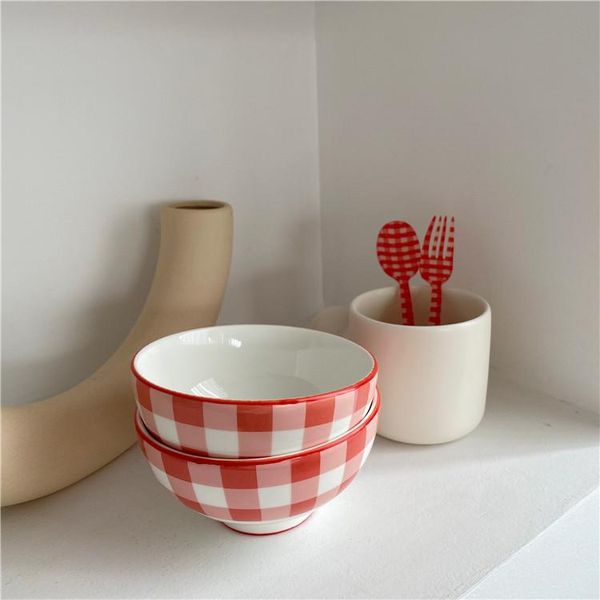 

korean retro red plaid bowl ceramic rice one person tableware breakfast salad bowls