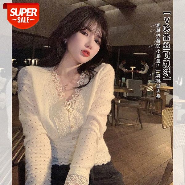 

white v-neck lace bottoming shirt women's scheming in a small shirt, french waist short blouse #cg2e