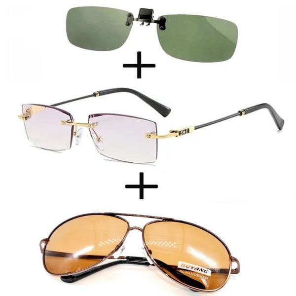 

sunglasses 3pcs rimless frameless luxury reading glasses for men women + alloy polarized pilot clip, White;black