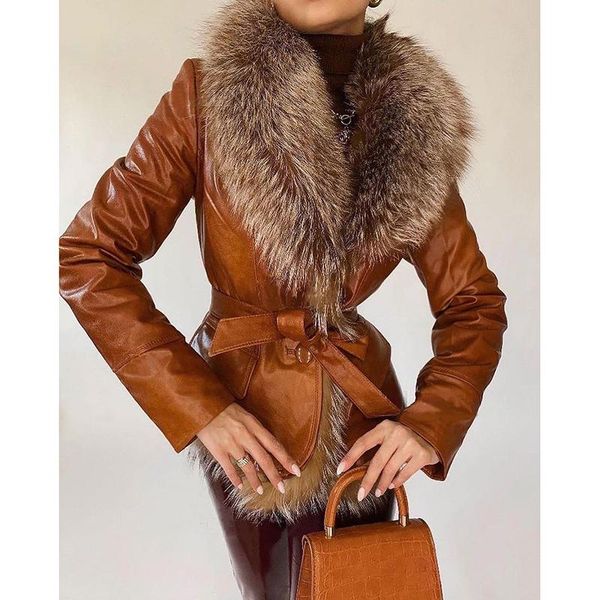 

women's leather & faux a fashion fur collar patchwork jackets women elegant tie belt coats front button slim ladies, Black