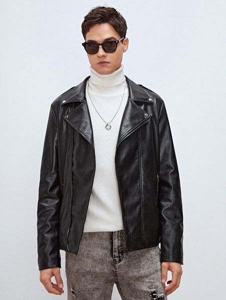 

men zip up pu leather moto jacket a35n#, Black;brown