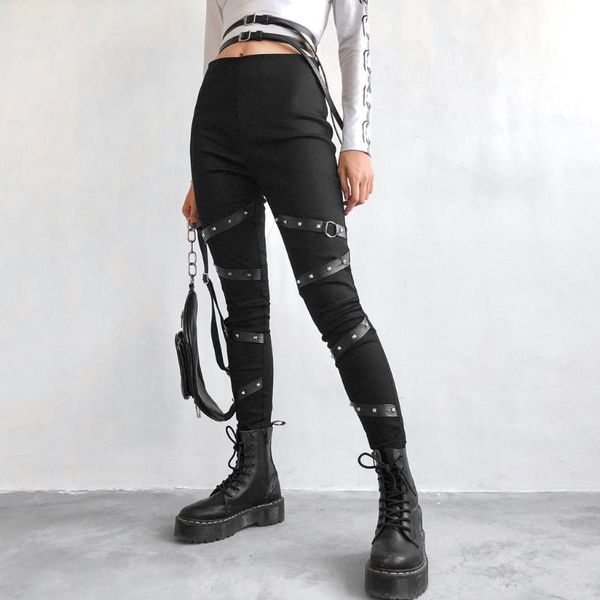 

women's pants & capris women solid gothic steampunk style black casual loose elastic tight trousers high waist pockets rivet full, Black;white