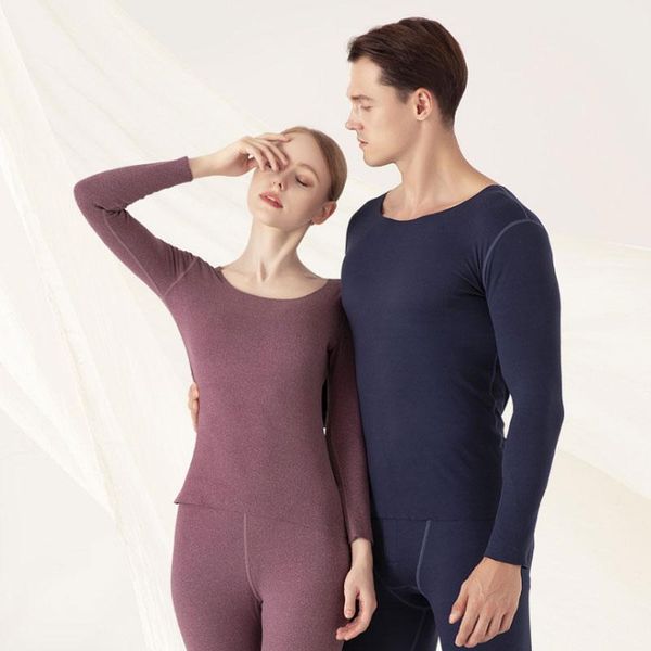 

men's thermal underwear women's double - face hair rubbed trackless slim round collar bottom shirt long johns suit, Black;white