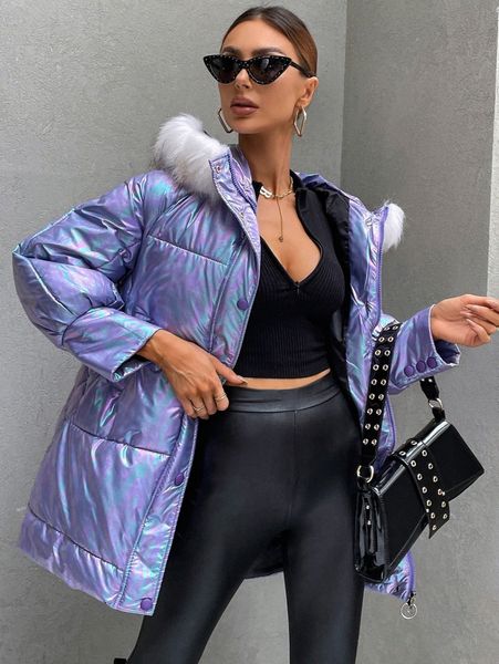 

holographic raglan sleeve fuzzy trim hooded metallic puffer coat 98cx#, Black