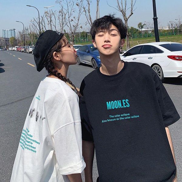 

men's t-shirts 100% cotton summer couple wear short-sleeved t-shirt men and women trend cool loose niche design sense half-sleeved clot, White;black