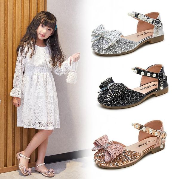 

sandals girls summer baotou sequined flat shoes korean children princess dance, Black;red
