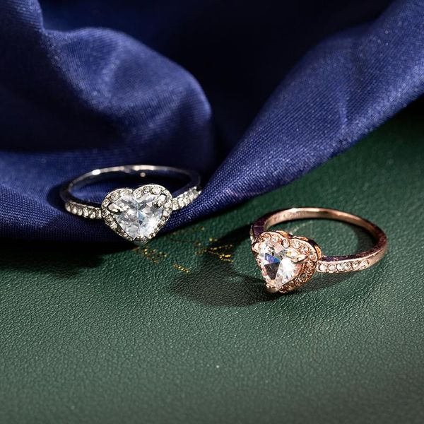 

trendy rose gold crystal heart shaped wedding rings for women luxury elegant zircon engagement jewelry party gifts, Slivery;golden