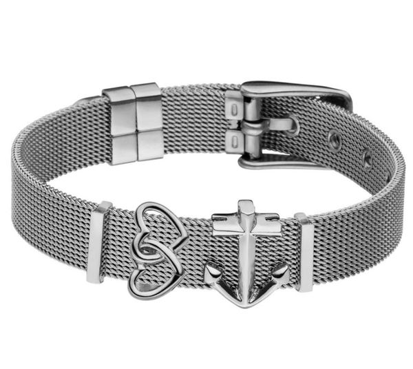 

charm bracelets mavis hare stainless steel mesh charms bracelet strap double hearts&anchor slide bracelelt set as gift, Golden;silver