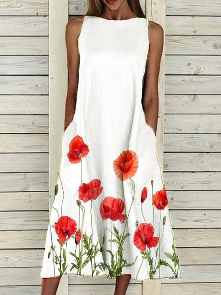 

positioning printing sleeveless round neck dress for women, Black;gray