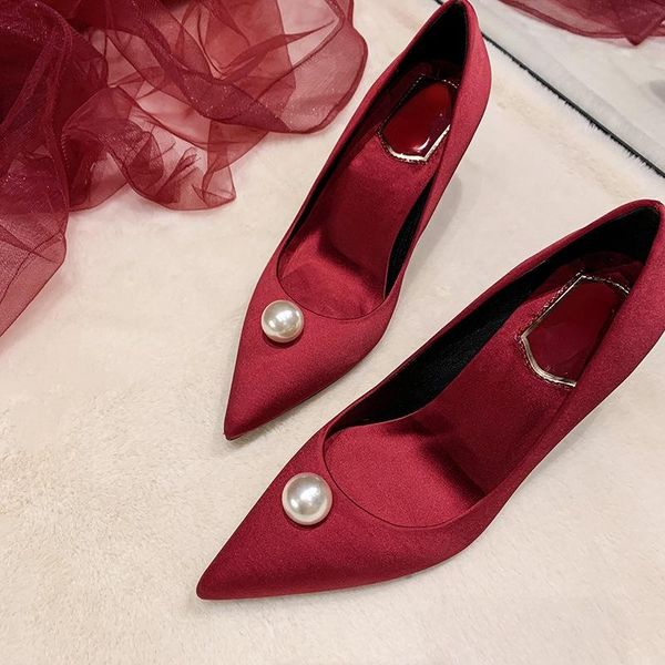 

dress shoes 2021 pearl high heels women's stiletto heel spring and autumn low mouth all-matching pointed-toe red wedding, Black