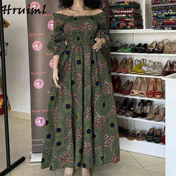 Африканские платья для женщин Мода Флористический принт Slash шеи три четверти рукава Maxi платье высокое талию Урожай длинное платье осень 210331