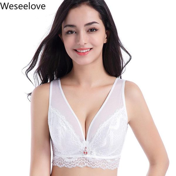 

bras weseelove plus size women bra ultra-thin no sponge paper lace big cup full fat gather adjustable underwear x10, Red;black