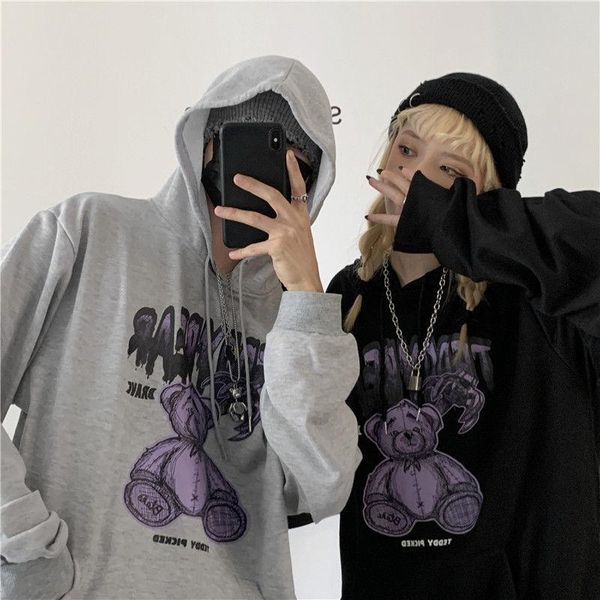 

women's hoodies & sweatshirts women hoodie harajuku couple outfit bear print anime goth hoody kawaii sweatshirt long-sleeved female in, Black