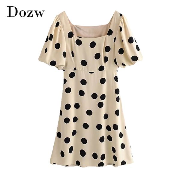 

elegant polka dot summer mini dress women vintage suqare collar a line party es puff short sleeve casual 210515, Black;gray