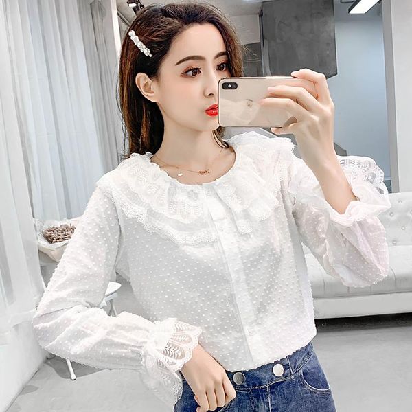 

women's blouses & shirts 2021 spring autumn long sleeve blouse shirt women korean fashion kawaii lace peter-pan collar ruffle polka dot, White