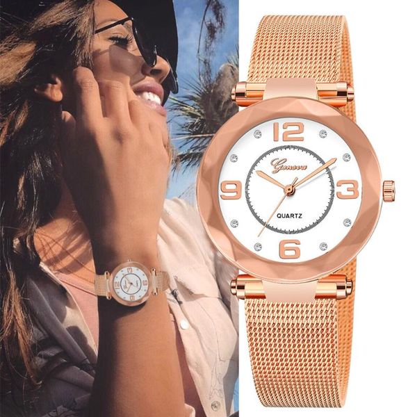 

wristwatches geneva watches womens dress clock casual ladies stainless steel band quartz wrist watch bracelet female lady montre femme, Slivery;brown