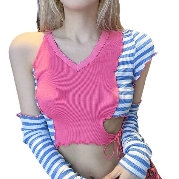 

women's t-shirt women stripe patchwork crop with arm sleeves fashion short sleeve v neck hollow out backless lace up streetwear, White