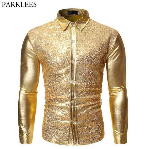 Золотой блестящий ночной клуб носить мужские платья рубашки металлические блестки пайетта блеск главную вечеринку диско танец выпускной рубашка мужчина 210522