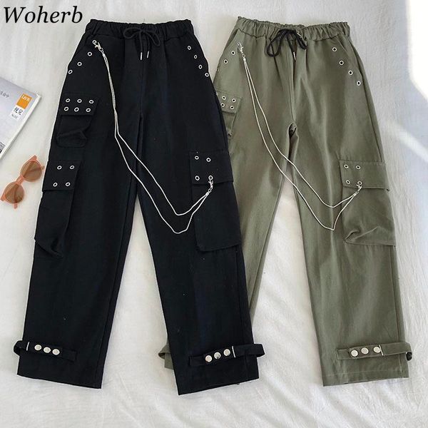 

women's pants & capris woherb cargo women fashion chain rivet patch female trouser harajuku streetwear wide leg 2021 modis hip-hop, Black;white