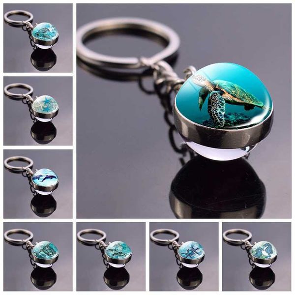 Blaues Meer Meeresleben Schmuck Schildkröte Delphin Muscheln Schlüsselanhänger Schlüsselanhänger Glaskugel Schlüsselanhänger Kristall Anhänger Weihnachtsgeschenk G1019