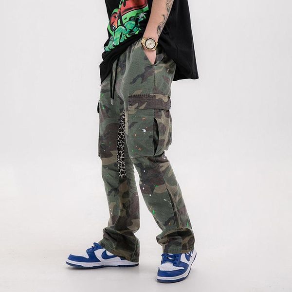 

men's pants hip-hop distressed camouflage splash flared men and women pockets drawstring loose cargo streetwear baggy trousers, Black