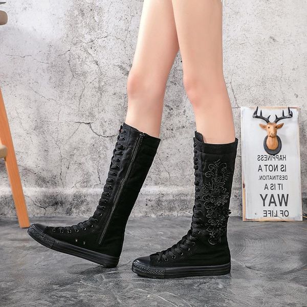 

boots rubber shoes autumn casual canvas inner zipper high tube women's, Black