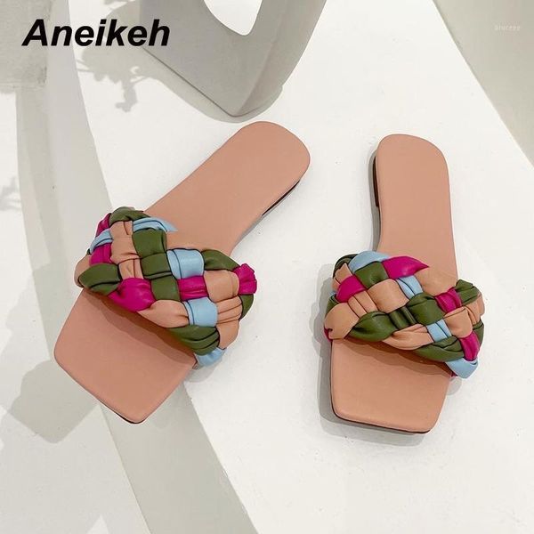 

slippers aneikeh 2021 pu flat casual summer fashion leisure peep toe women's shoes shallow checkered mixed colors outside1, Black