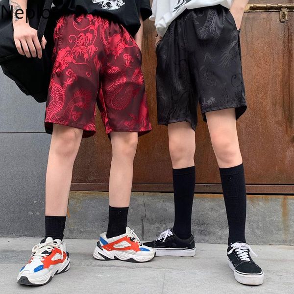 

women's shorts neploe vintage dragon pattern 2021 summer harajuku woman man clothes elastic waist pocket causal tooling 52394, White;black