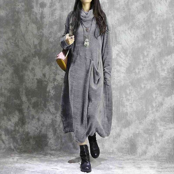 

autumn solid turtleneck corduroy vintage womens dresses casual long maxi sundress women sleeve vestidos female kaftan robe 7, Black;gray