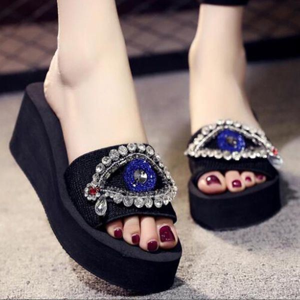 

slippers sandals women crystal eyes wedges stretch fabric platform female cozy soft bottom beach s144, Black