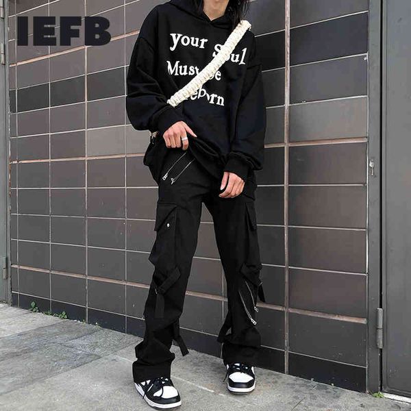 

iefb hip hop men's wear spring black zipper design patchwork causal cargo pants for male bandage leg trousers 9y5521 210524