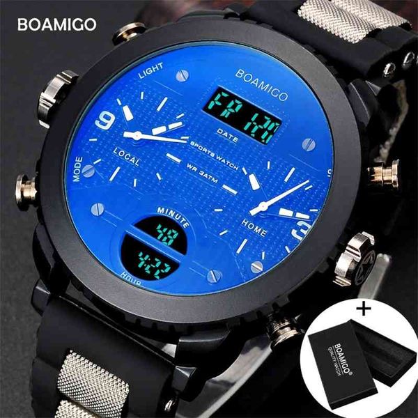 Männer Uhren BOAMIGO Marke 3 Zeitzone Militär Sportuhren männlich LED Digital Quarz Armbanduhren Geschenkbox Relogio Masculino 210407