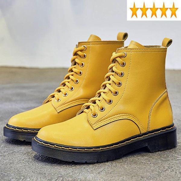 

boots solid fashion color women lace up leather ankle preppy student girls casual high flats shoes woman biker1, Black