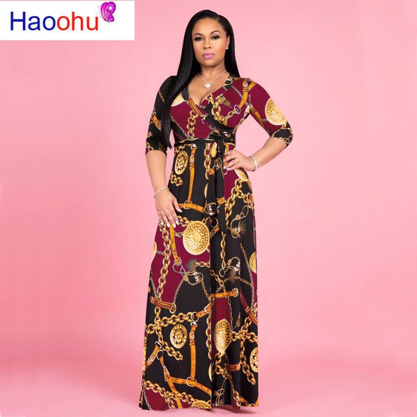 HAOOHU Primavera Estate Donna DrSexy Abiti da festa Abiti Plus Size Croce scollo a V Stampa Fasciatura Orlo grande Abito lungo allentato X0529