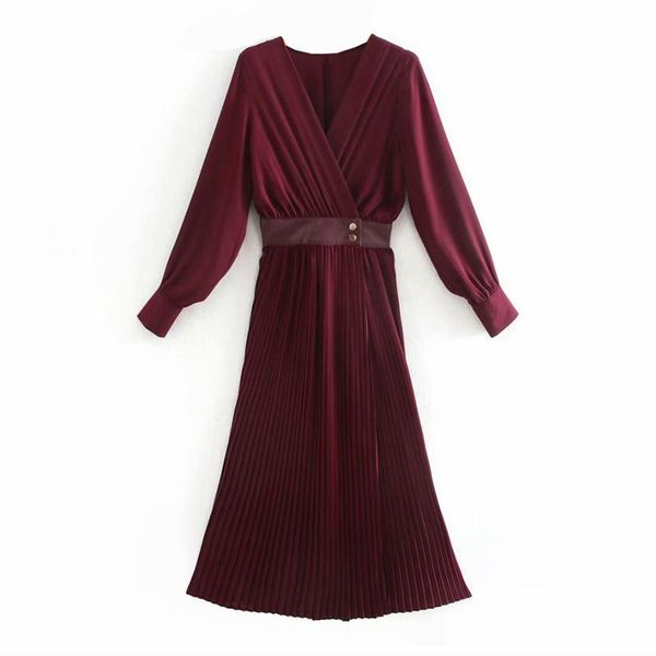 

casual dresses women chic fashion wine red midi dress vintage cross v-neck long sleeve female pleated vestidos mujer, Black;gray