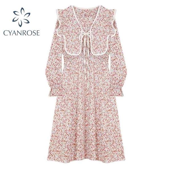 Mulheres vestido com lace-up xale elegante francês retro floral impressão mori menina vestidos de verão férias praia vestidos senhora 210515