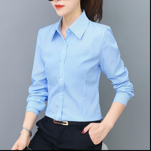 

korean fashion elegant stripe women shirt plus size long sleeve blusas mujer de moda, White